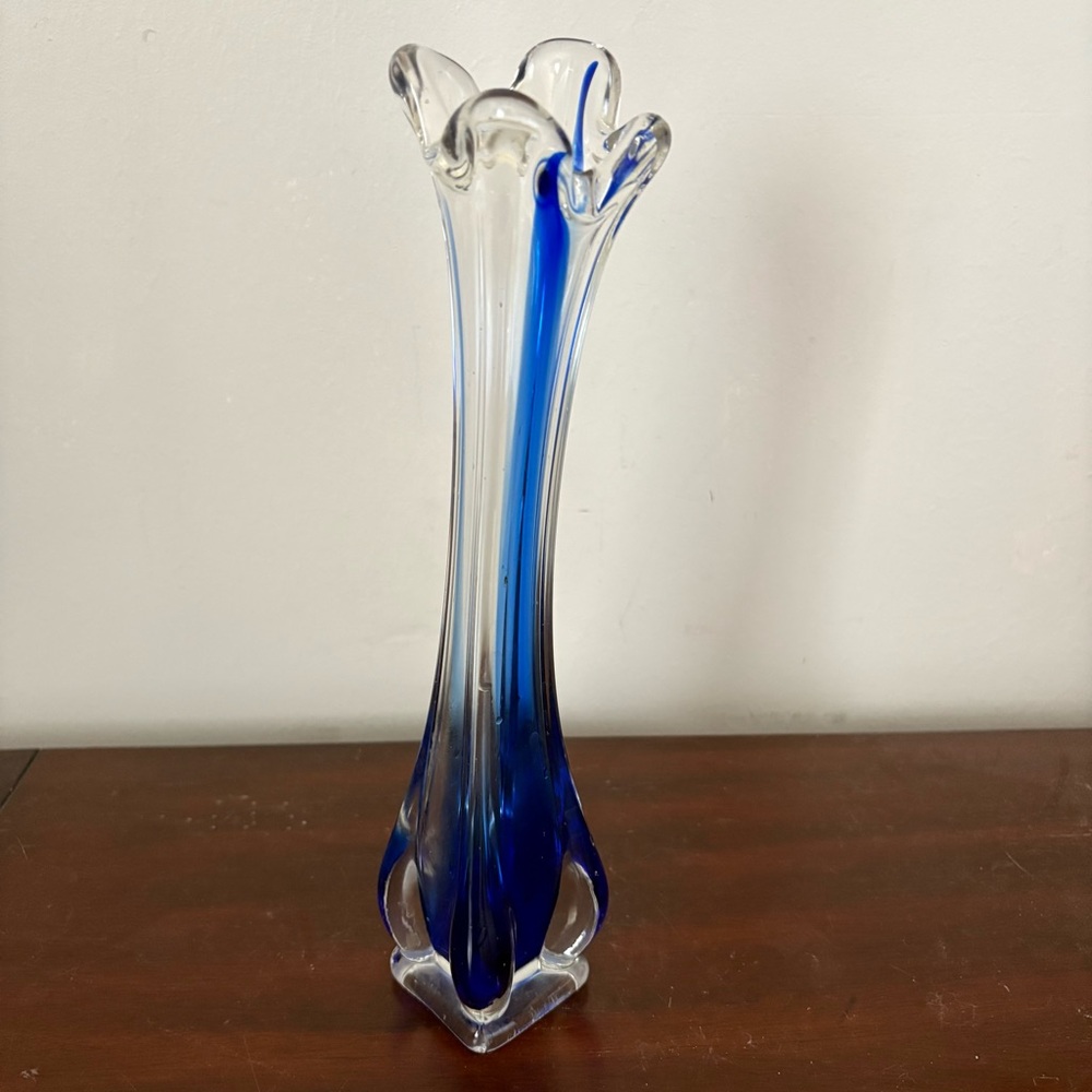Cobalt Blue & Clear Swung Vase- Vintage- Pretty- No Chips